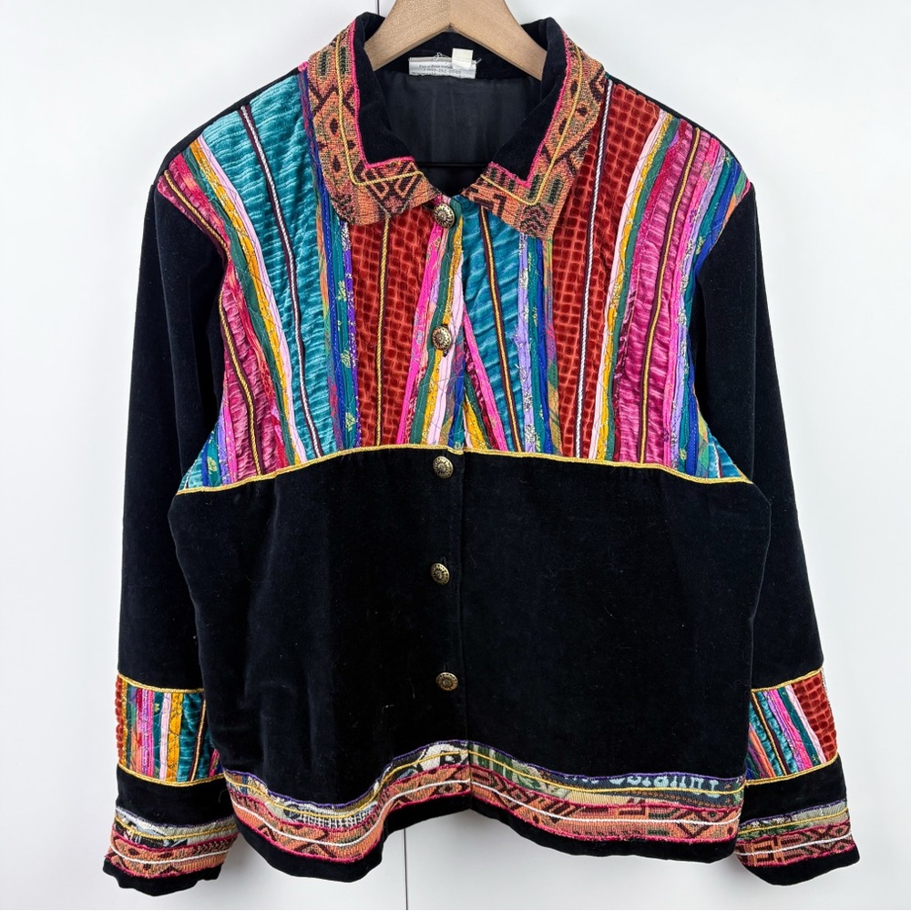 Coldwater Creek Vintage Art to Wear Velvet Black Rainbow Boho Fabric Trim Jacket